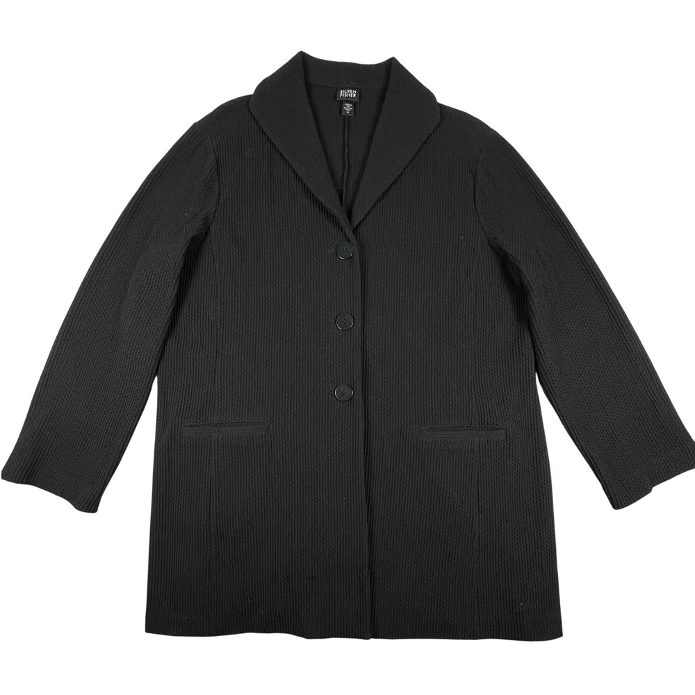 Eileen Fisher Cardigan Women XL Black Shawl Collar Button Front Knit Jacket